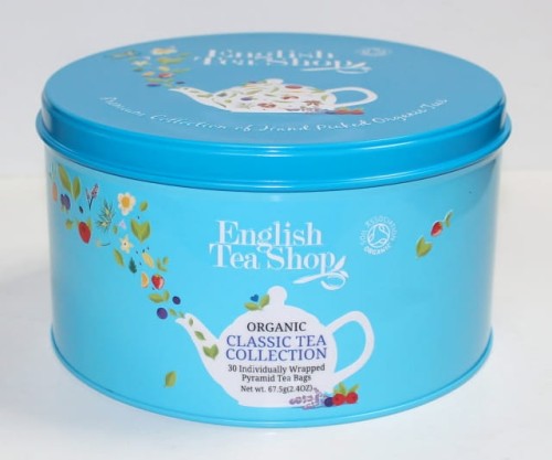 Przejdź do produktu Herbata prezenty BIO z logo - Zestaw Puszka Okrągła NIEBIESKA - 30 piramidek - przykład